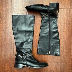 Via Spiga “Brandice” Black Leather Knee-High Boots with Studded Straps, Size 8